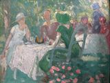 a painting of a group of people sitting at a table
