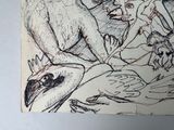 a drawing of a monkey and a bird on a table