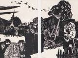 several black and white drawings of people walking in a forest