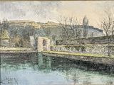 a picture of a painting of a castle by the water
