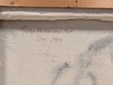 painting of a woman ' s face in a wooden frame with writing on it