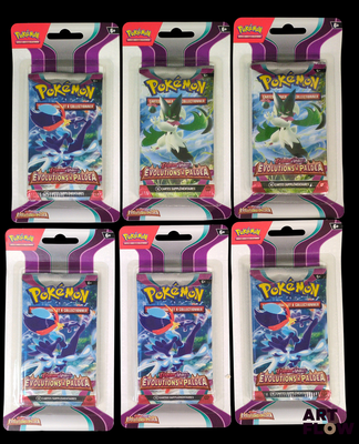 four packs of pokemon trading cards are in a package