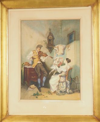tableau représentant un homme et une femme jouant de la musique dans un salon