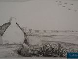 drawing of a house with a thatched roof and birds flying in the sky