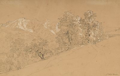 dessin représentant un paysage avec des arbres et des montagnes en arrière-plan