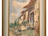 an oil painting of an old house with chickens in the yard