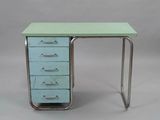 a green desk with five drawers and a metal frame