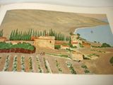a picture of a painting of a village on a hill