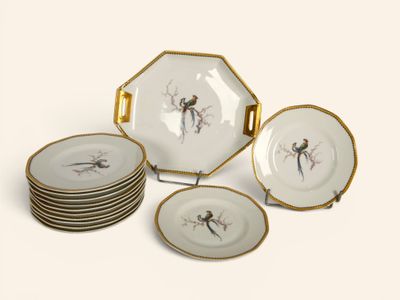 a group of plates with birds on them on a white surface