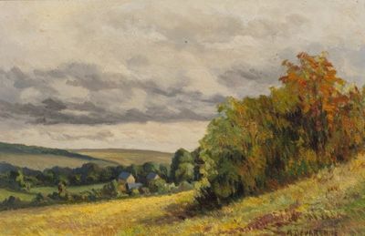 an image of a painting of a field with trees and clouds in the background