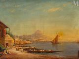 peinture d'une vue d'un port avec des bateaux dans l'eau