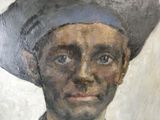 painting of a man wearing a hat and a black shirt