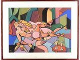 tableau représentant une femme avec un verre de vin et un homme avec un couteau