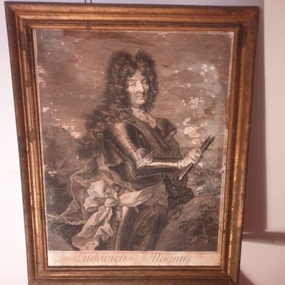 Portrait de Louis XIV, gravure en noir, 80 x 84 cm, entoilag…