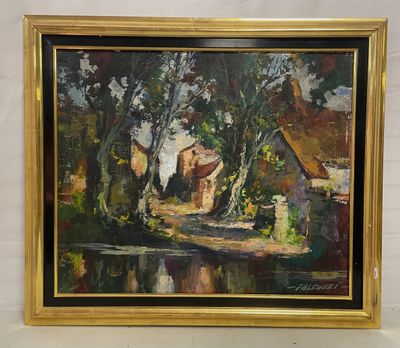 une peinture à l'huile représentant une maison au bord d'une rivière, dans un cadre doré