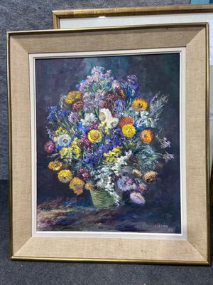 a painting of a vase of flowers on a table