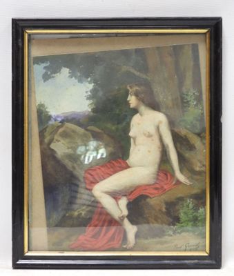 an image of a painting of a naked woman sitting on a rock