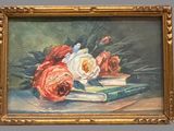 a painting of roses and books on a table