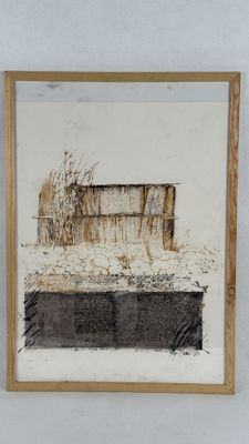 painting of an old barn in a field with snow on the ground