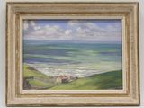 tableau représentant une vue sur l'océan depuis une colline, avec une maison au premier plan