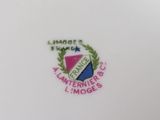 a close up of a white plate with a pink and blue emblem on it