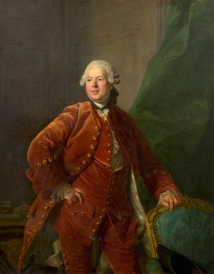 tableau représentant un homme en costume rouge debout à côté d'une chaise verte