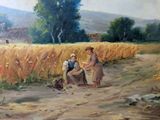 painting of two women in a field with a dog in the foreground