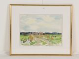 aquarelle encadrée représentant une scène de campagne avec une maison au loin