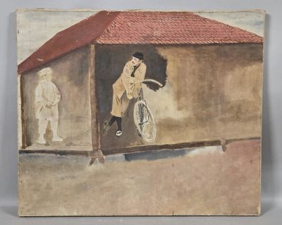 painting of a man riding a bicycle in front of a building