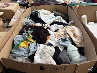 une boîte en carton remplie de vêtements posée par terre