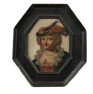 painting of a woman wearing a red hat and a feathered hat