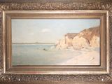an image of a painting of a beach scene with a boat in the water