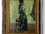 an oil painting of a woman sitting on a chair in front of a mirror