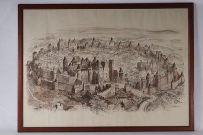 drawing of a castle in a wooden frame on a wall