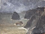 une photo d'un tableau représentant une côte rocheuse
