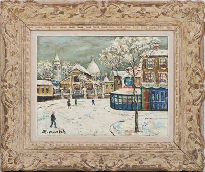 une image représentant un tableau illustrant une scène de rue avec des personnes marchant dans la neige