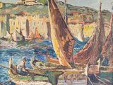 painting of boats in a harbor with a castle in the background