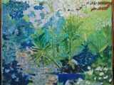 peinture représentant un tableau d'un bateau dans un étang, avec des fleurs blanches
