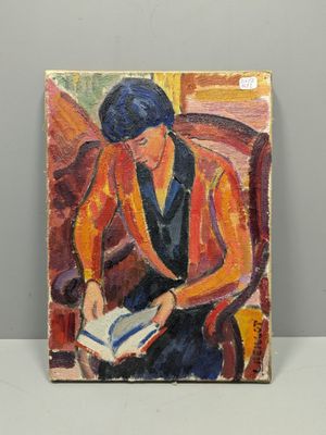 une peinture à l'huile représentant une femme en train de lire un livre posé sur une table