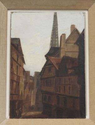 tableau représentant une scène de rue avec des bâtiments et une tour en arrière-plan