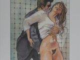 a painting of a man and a woman kissing in a bathroom