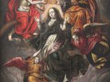 a painting of a group of people on a cloud with a bird