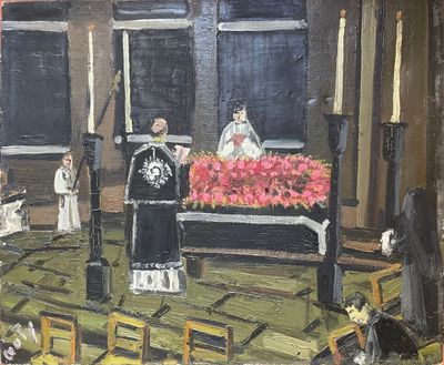 un tableau représentant un prêtre debout devant un autel
