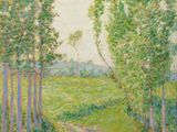 un tableau représentant un chemin à travers un champ, avec des arbres et de l'herbe