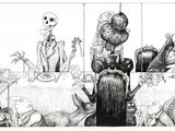 drawing of a group of people sitting at a table with a skeleton