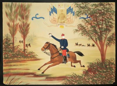 une peinture représentant un homme à cheval dans un champ