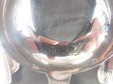 reflection of a person holding a cell phone in a silver bowl