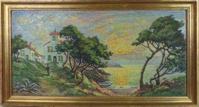 une image d'un tableau représentant une maison au bord de l'eau