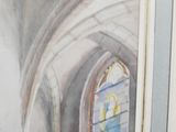 a picture of a painting of a church with a stained glass window