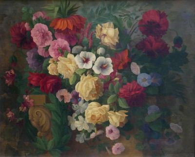 a painting of flowers in a vase on a table